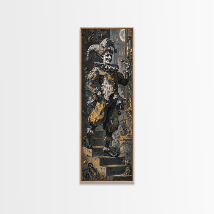 The Phantom Jester, Architectural Etching Art, Tall Narrow Wall Art, Gothic Horror Wall Art, Framed Canvas Print