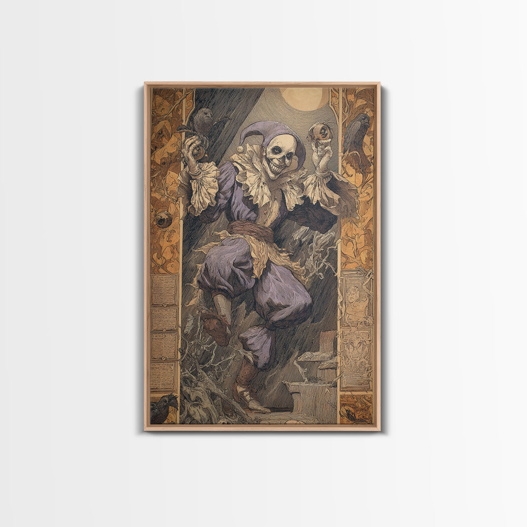 The Phantom Jester, Symbolist Etching Art, Vertical Wall Art, Dark Halloween Decor, Framed Canvas Print, Halloween Wall Art