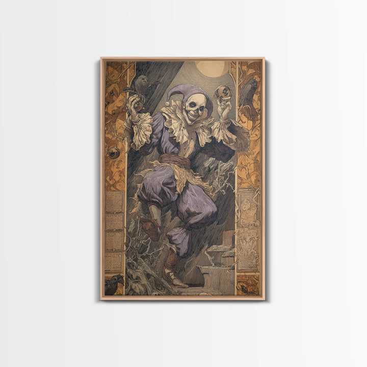 The Phantom Jester, Symbolist Etching Art, Vertical Wall Art, Dark Halloween Decor, Framed Canvas Print, Halloween Wall Art