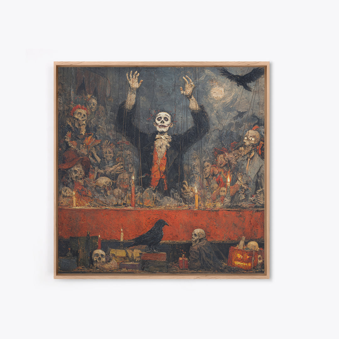 The Marionette Master, Grotesque Carnival Art, Square Wall Art, Dark Halloween Decor, Framed Canvas Print, Halloween Wall Art
