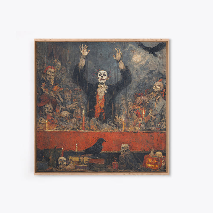 The Marionette Master, Grotesque Carnival Art, Square Wall Art, Dark Halloween Decor, Framed Canvas Print, Halloween Wall Art
