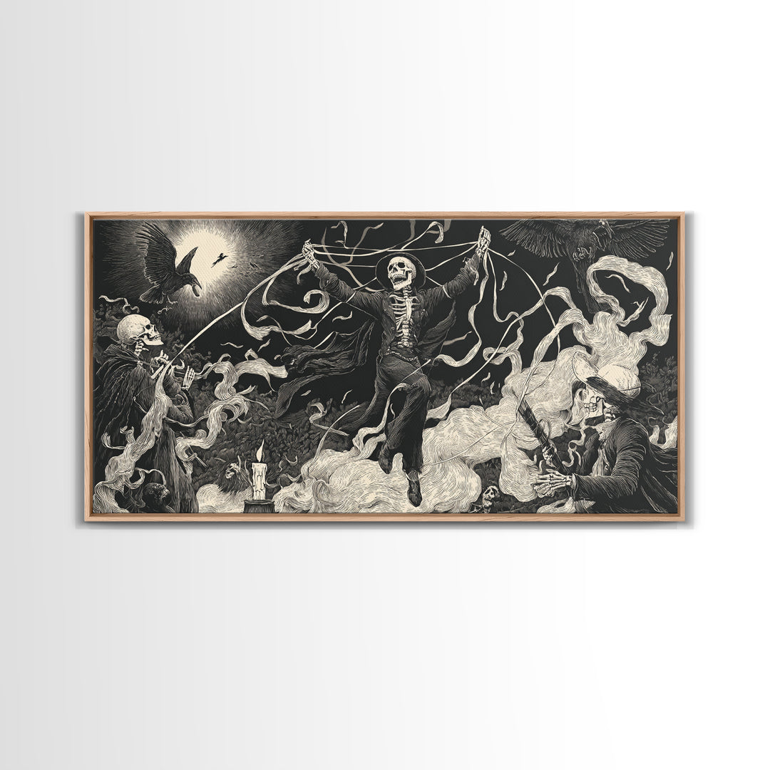 The Marionette Master, Macabre Folk Print Art, Wide Panoramic Art, Dark Halloween Decor, Framed Canvas Print, Halloween Wall Art