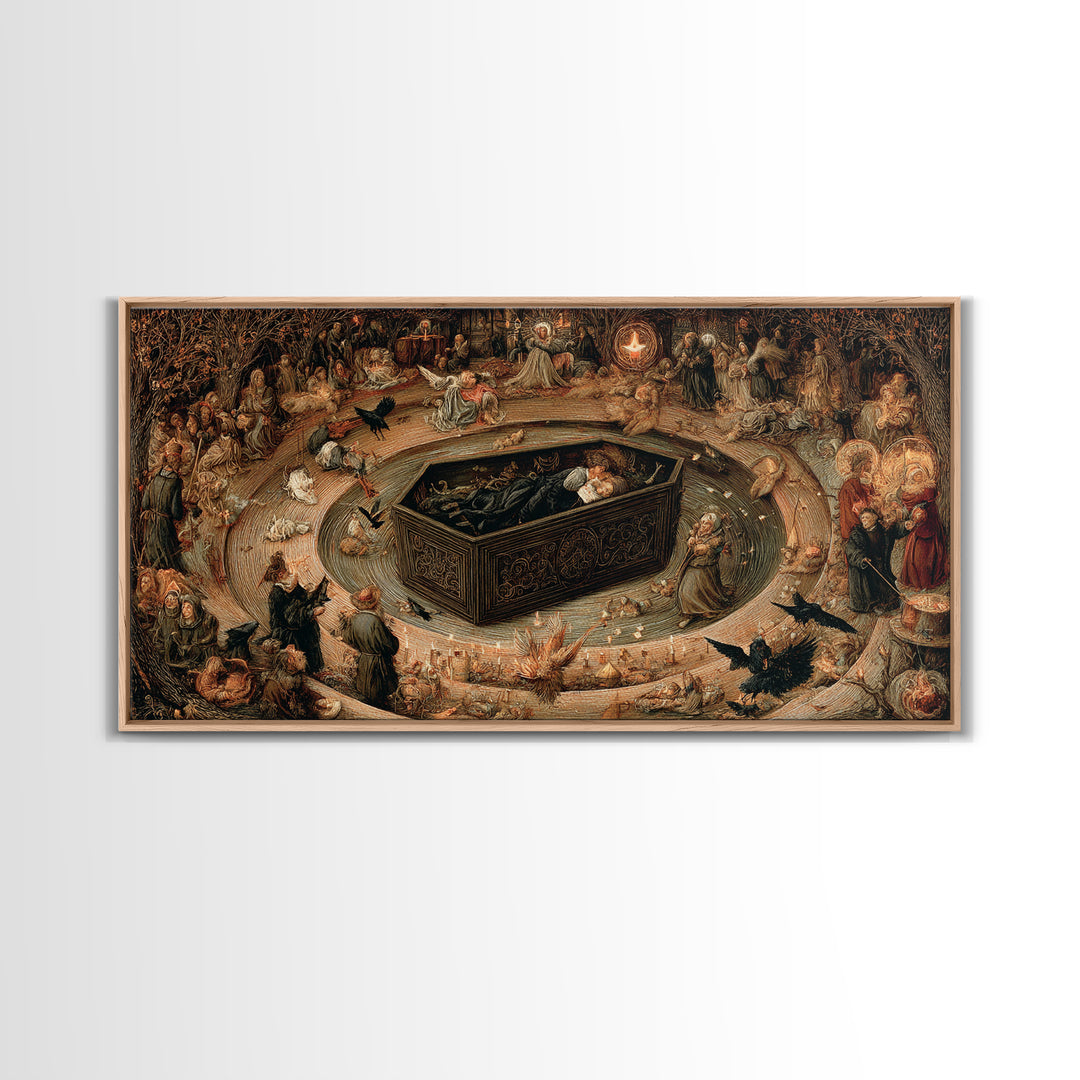 The Coffin Sleeper, Northern Renaissance Horror, Wide Panoramic Art, Dark Halloween Decor, Canvas Print, Halloween Wall Art