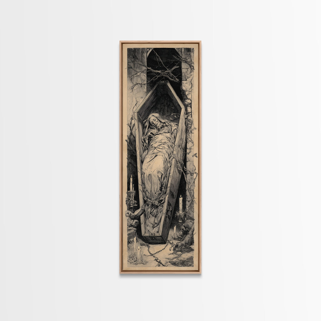 The Coffin Sleeper, Architectural Etching Art, Tall Narrow Wall Art, Gothic Horror Wall Art, Canvas Print, Halloween Wall Art