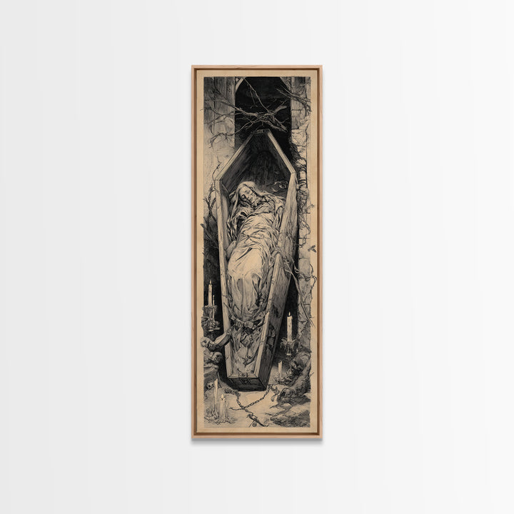 The Coffin Sleeper, Architectural Etching Art, Tall Narrow Wall Art, Gothic Horror Wall Art, Canvas Print, Halloween Wall Art