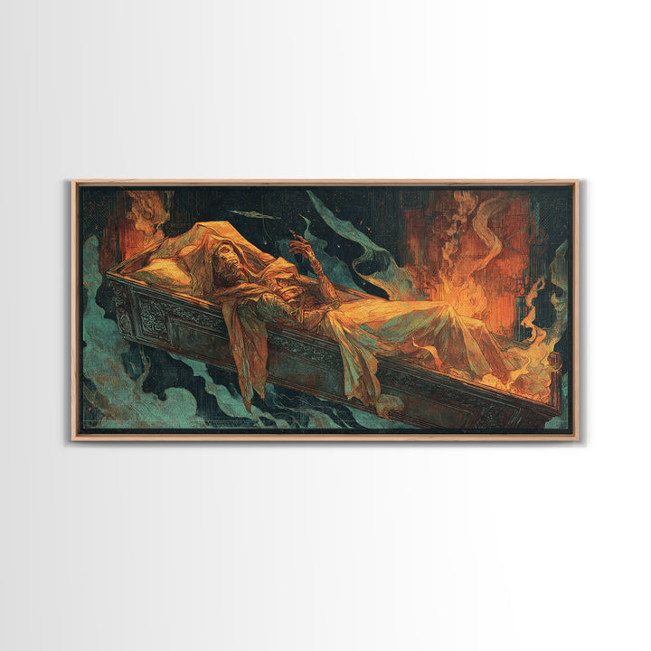 The Coffin Sleeper, Apocalyptic Romantic Art, Wide Panoramic Art, Dark Halloween Decor, Canvas Print, Halloween Wall Art, Dark Fantasy Art