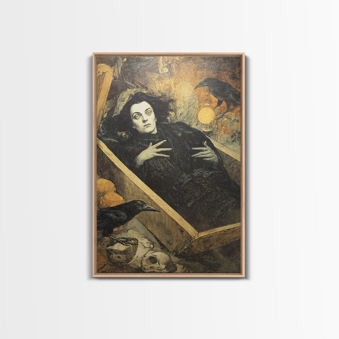 The Coffin Sleeper, Symbolist Etching Art, Vertical Wall Art, Gothic Horror Wall Art, Framed Canvas Print, Halloween Wall Art