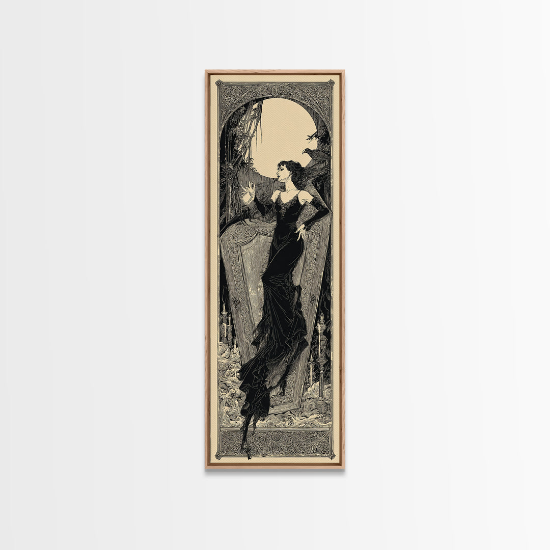 The Coffin Sleeper, Decadent Line Art, Tall Narrow Wall Art, Gothic Horror Wall Art, Canvas Print, Halloween Wall Art