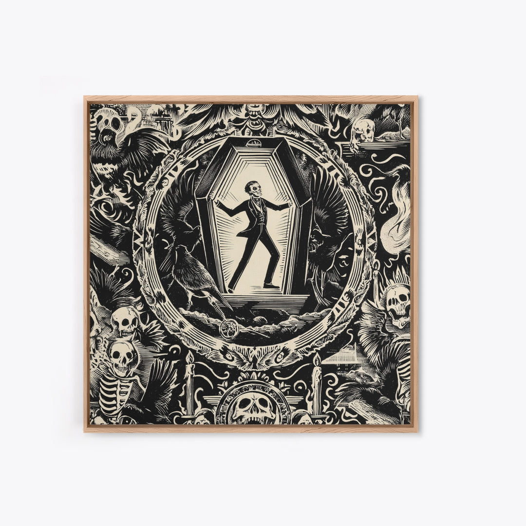 The Coffin Sleeper, Macabre Folk Print Art, Square Wall Art, Dark Halloween Decor, Canvas Print, Halloween Wall Art