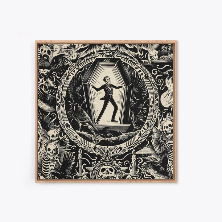 The Coffin Sleeper, Macabre Folk Print Art, Square Wall Art, Dark Halloween Decor, Canvas Print, Halloween Wall Art