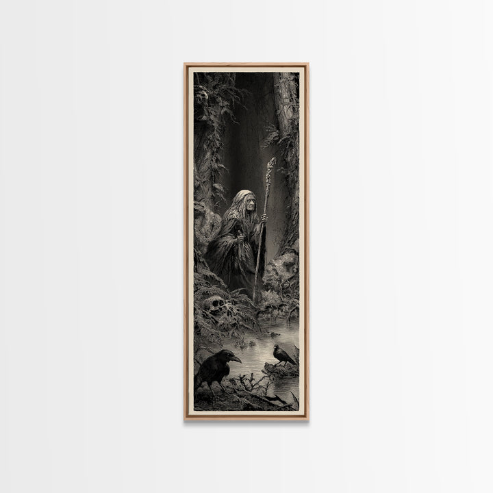 The Swamp Witch, Gothic Engraving Art, Tall Narrow Wall Art, Macabre Wall Art, Framed Canvas Print, Halloween Wall Art