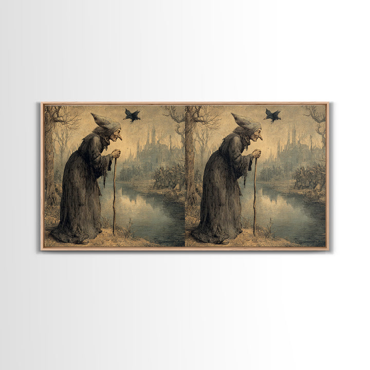 The Swamp Witch, Northern Renaissance Horror, Wide Panoramic Art, Dark Halloween Decor, Canvas Print, Halloween Wall Art