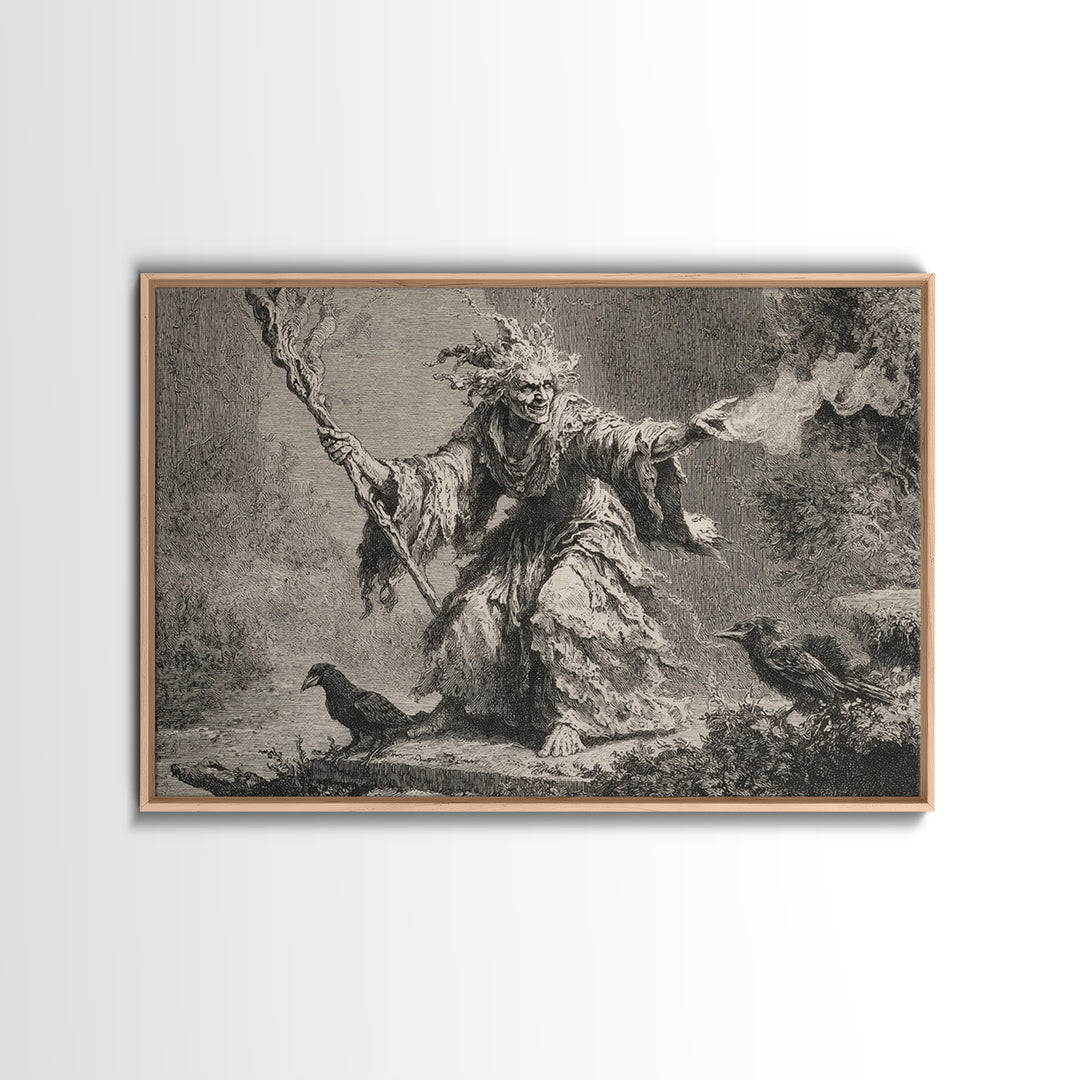 The Swamp Witch, Architectural Etching Art, Landscape Wall Art, Dark Halloween Decor, Canvas Print, Halloween Wall Art