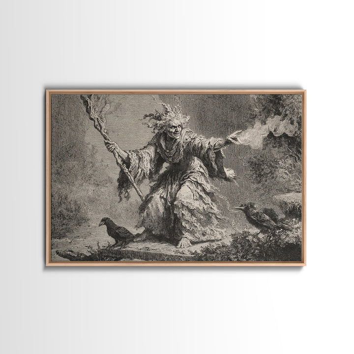 The Swamp Witch, Architectural Etching Art, Landscape Wall Art, Dark Halloween Decor, Canvas Print, Halloween Wall Art