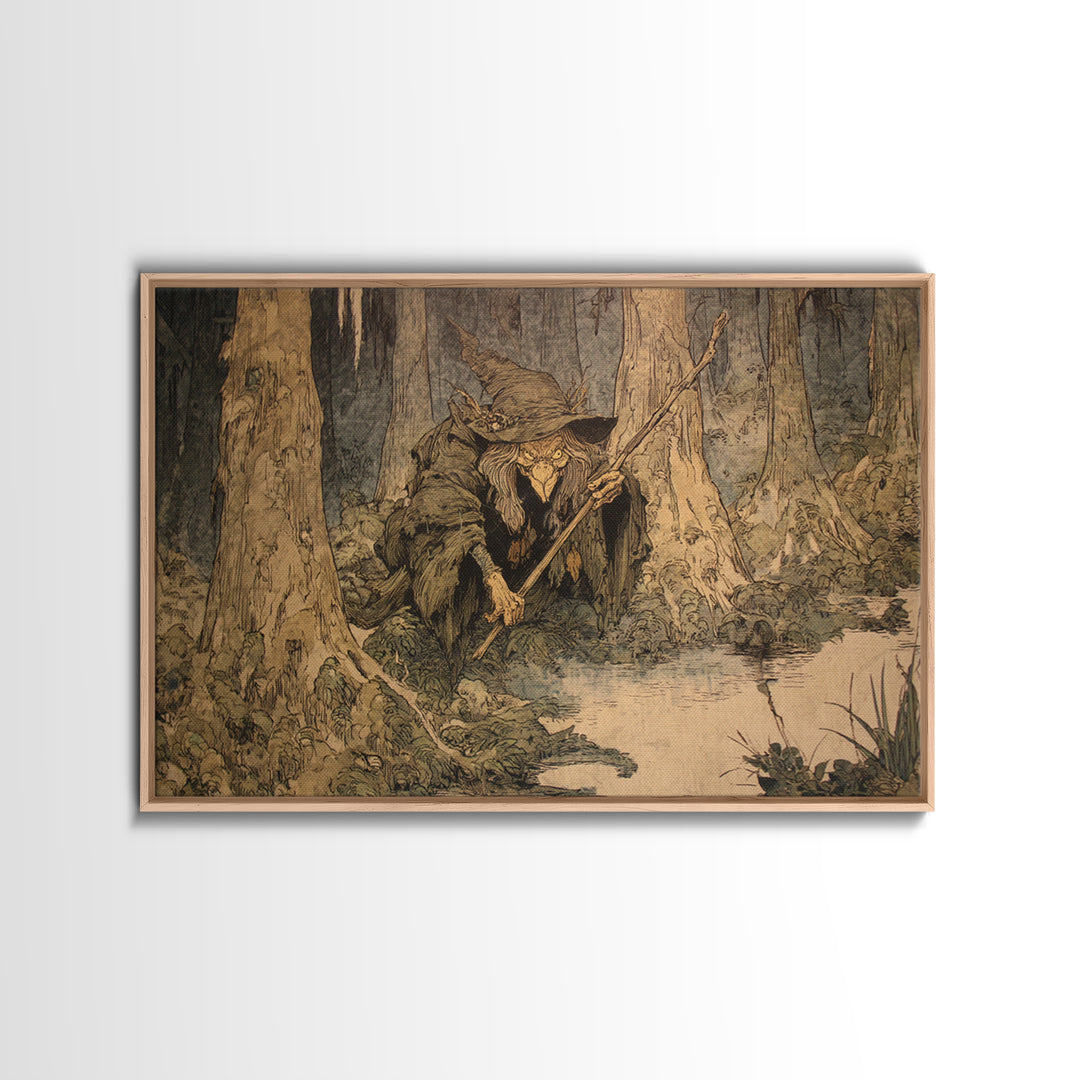 The Swamp Witch, Gothic Storybook Art, Landscape Wall Art, Dark Halloween Decor, Canvas Print, Halloween Wall Art, Macabre Wall Art