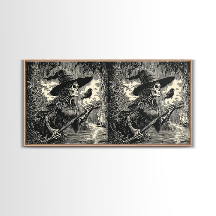 The Swamp Witch, Macabre Folk Print Art, Wide Panoramic Art, Dark Fantasy Wall Art, Canvas Print, Halloween Wall Art