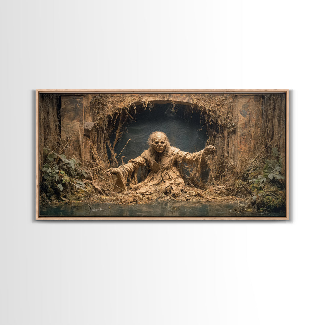 The Bog Mummy, Northern Renaissance Horror, Wide Panoramic Art, Dark Halloween Decor, Canvas Print, Halloween Wall Art