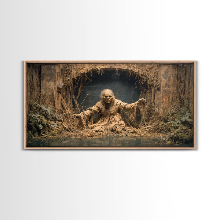 The Bog Mummy, Northern Renaissance Horror, Wide Panoramic Art, Dark Halloween Decor, Canvas Print, Halloween Wall Art