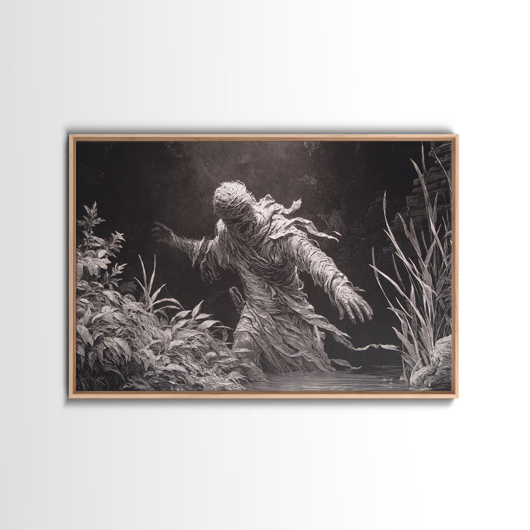 The Bog Mummy, Architectural Etching Art, Landscape Wall Art, Dark Halloween Decor, Framed Canvas Print, Halloween Wall Art