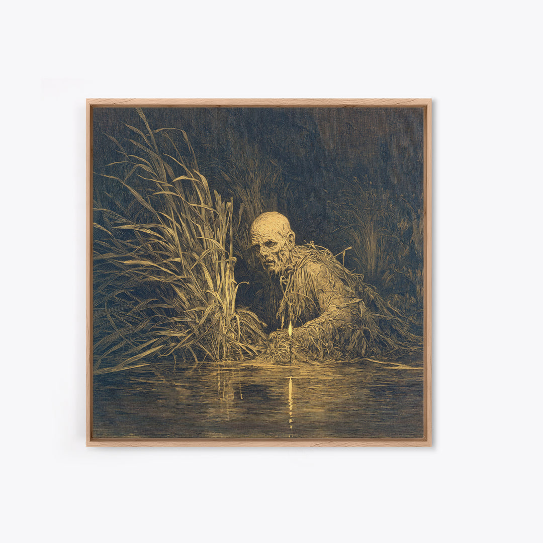 The Bog Mummy, Symbolist Etching Art, Square Wall Art, Macabre Wall Art, Framed Canvas Print, Halloween Wall Art, Seasonal Home Decor