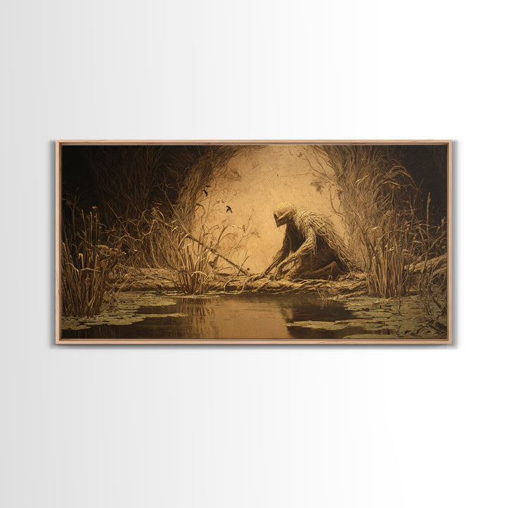 The Bog Mummy, Expressionist Nightmare Art, Wide Panoramic Art, Macabre Wall Art, Framed Canvas Print, Halloween Wall Art, Halloween Decor