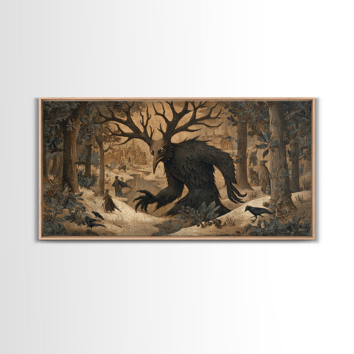 The Antlered Forest Spirit, Northern Renaissance Horror, Wide Panoramic Art, Macabre Wall Art, Canvas Print, Halloween Wall Art