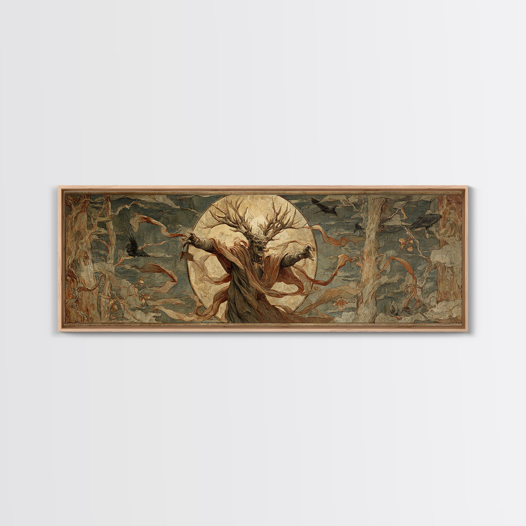 The Antlered Forest Spirit, Dark Renaissance Art, Extra Wide Wall Art, Macabre Wall Art, Canvas Print, Halloween Wall Art