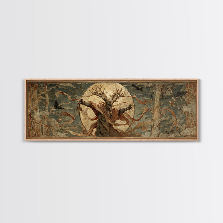 The Antlered Forest Spirit, Dark Renaissance Art, Extra Wide Wall Art, Macabre Wall Art, Canvas Print, Halloween Wall Art