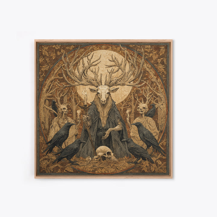 The Antlered Forest Spirit, Danse Macabre Art, Square Wall Art, Dark Halloween Decor, Framed Canvas Print