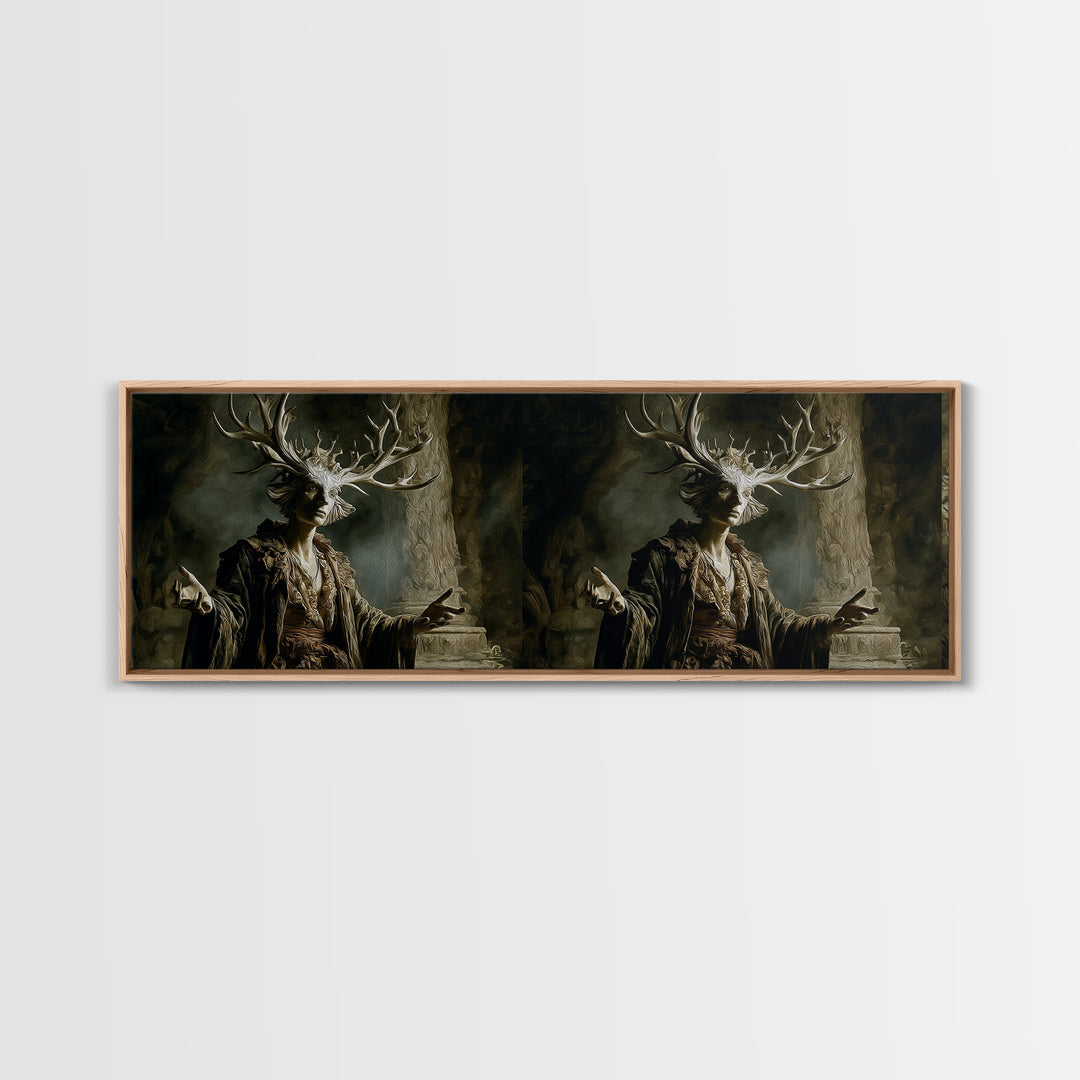 The Antlered Forest Spirit, Gothic Nightmare Art, Extra Wide Wall Art, Dark Fantasy Wall Art, Framed Canvas Print, Halloween Wall Art
