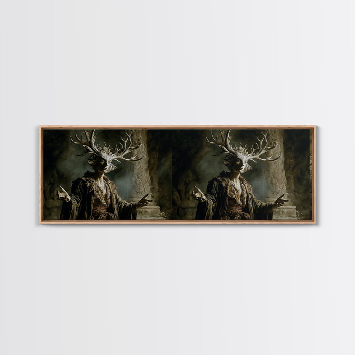 The Antlered Forest Spirit, Gothic Nightmare Art, Extra Wide Wall Art, Dark Fantasy Wall Art, Framed Canvas Print, Halloween Wall Art