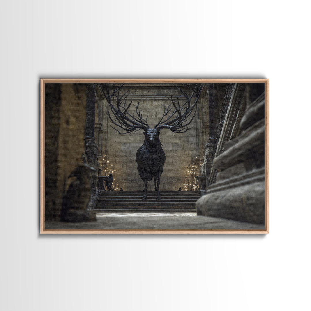 The Antlered Forest Spirit, Architectural Etching Art, Landscape Wall Art, Dark Fantasy Wall Art, Canvas Print