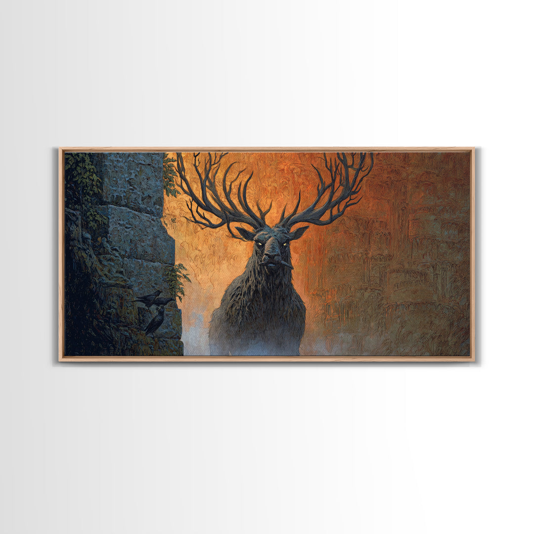 The Antlered Forest Spirit, Apocalyptic Romantic Art, Wide Panoramic Art, Gothic Horror Wall Art, Canvas Print, Halloween Wall Art