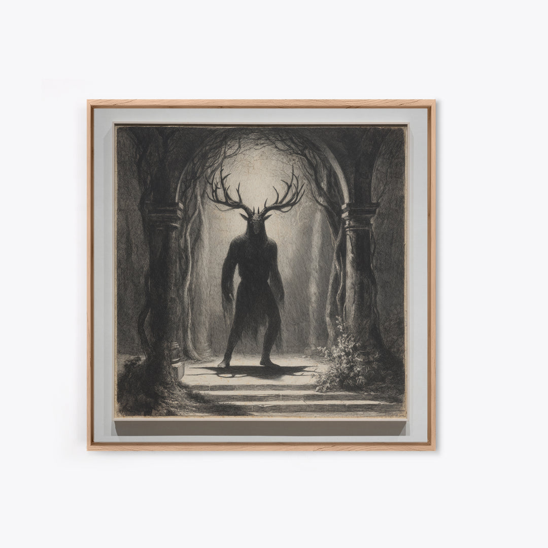 The Antlered Forest Spirit, Symbolist Dream Art, Square Wall Art, Macabre Wall Art, Canvas Print, Halloween Wall Art