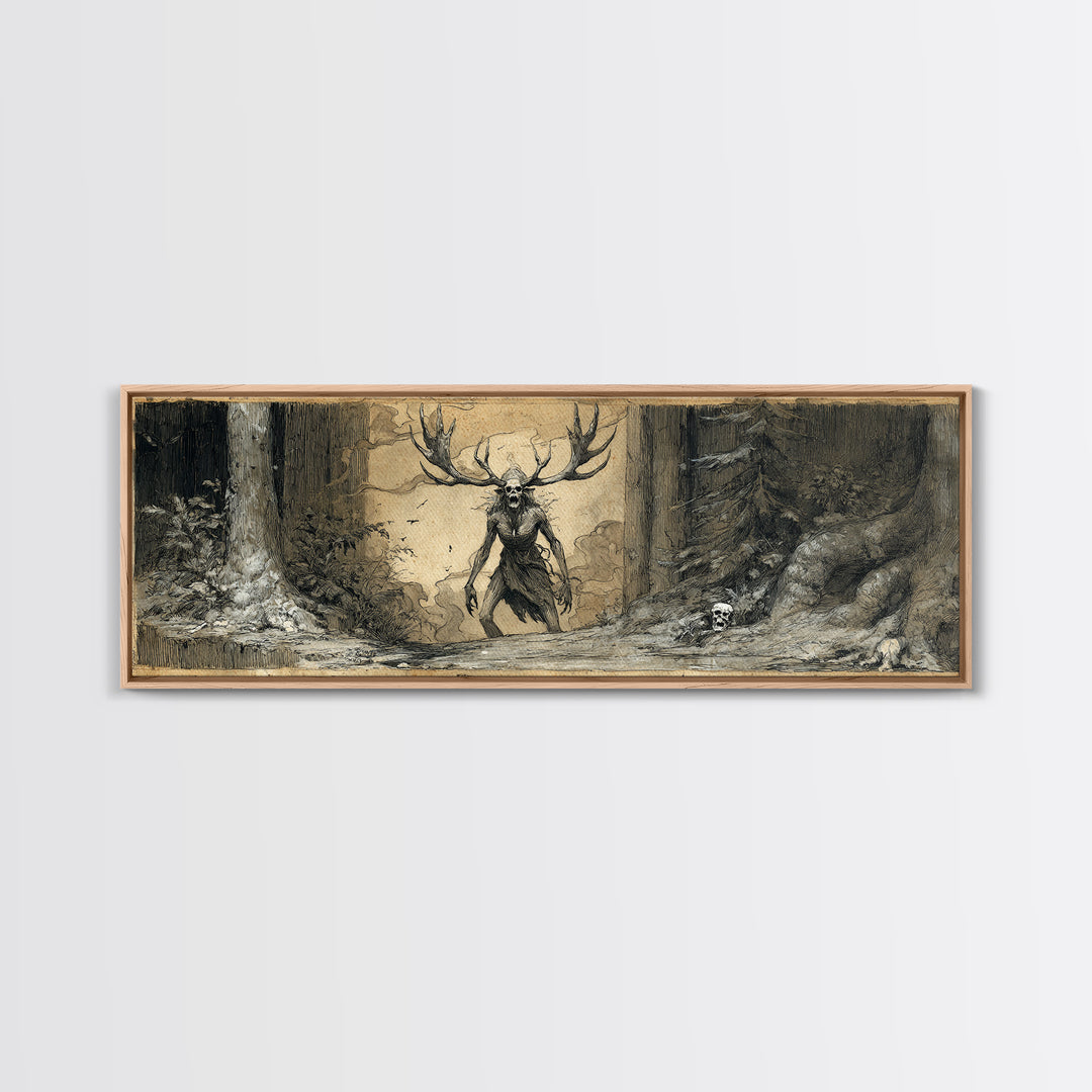 The Antlered Forest Spirit, Decadent Gothic Art, Extra Wide Wall Art, Macabre Wall Art, Framed Canvas Print, Halloween Wall Art