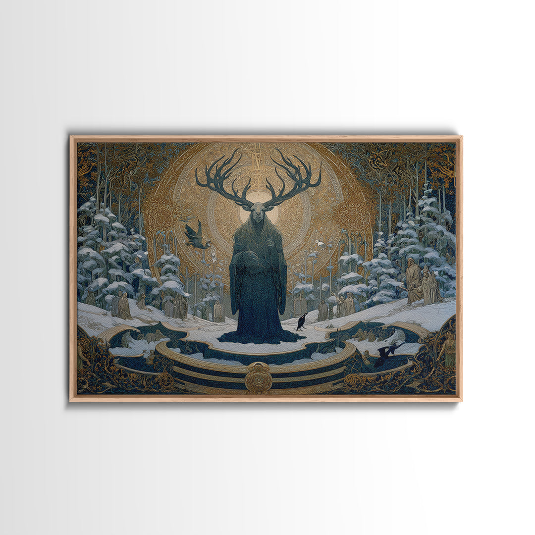 The Antlered Forest Spirit, Symbolist Death Art, Landscape Wall Art, Macabre Wall Art, Framed Canvas Print, Halloween Wall Art