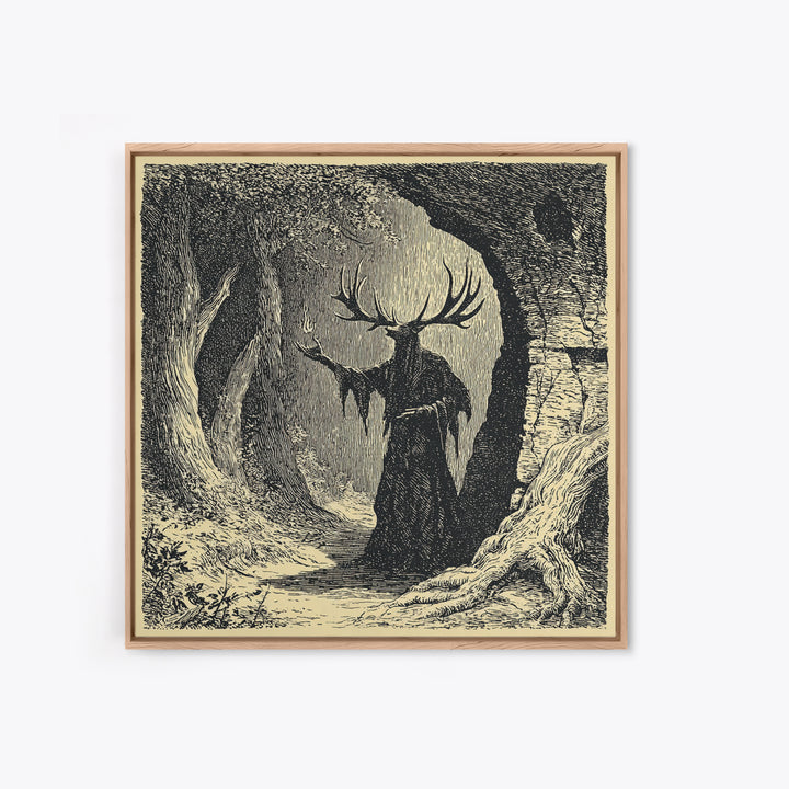 The Antlered Forest Spirit, Symbolist Etching Art, Square Wall Art, Dark Halloween Decor, Framed Canvas Print, Halloween Wall Art