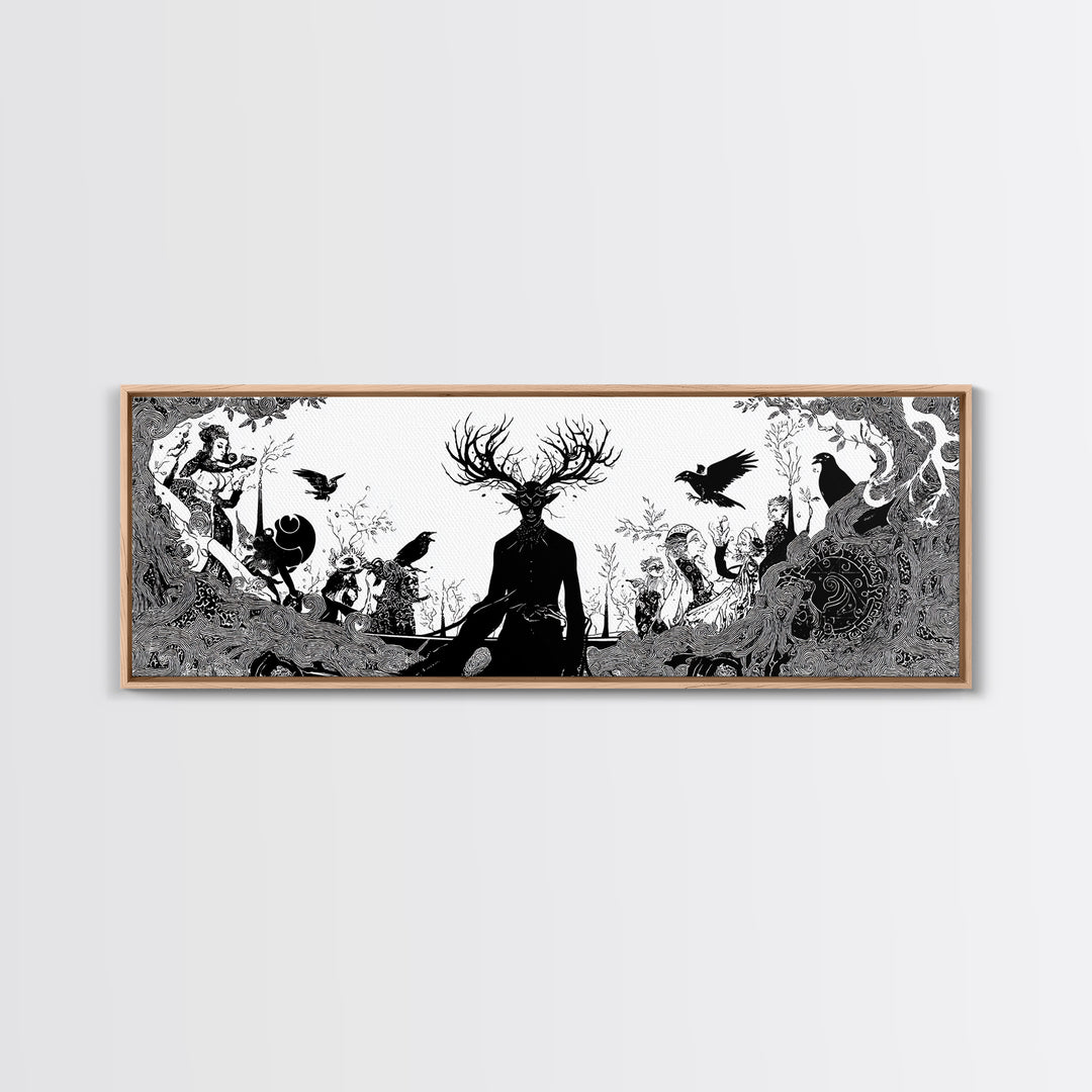 The Antlered Forest Spirit, Decadent Line Art, Extra Wide Wall Art, Dark Fantasy Wall Art, Canvas Print, Halloween Wall Art