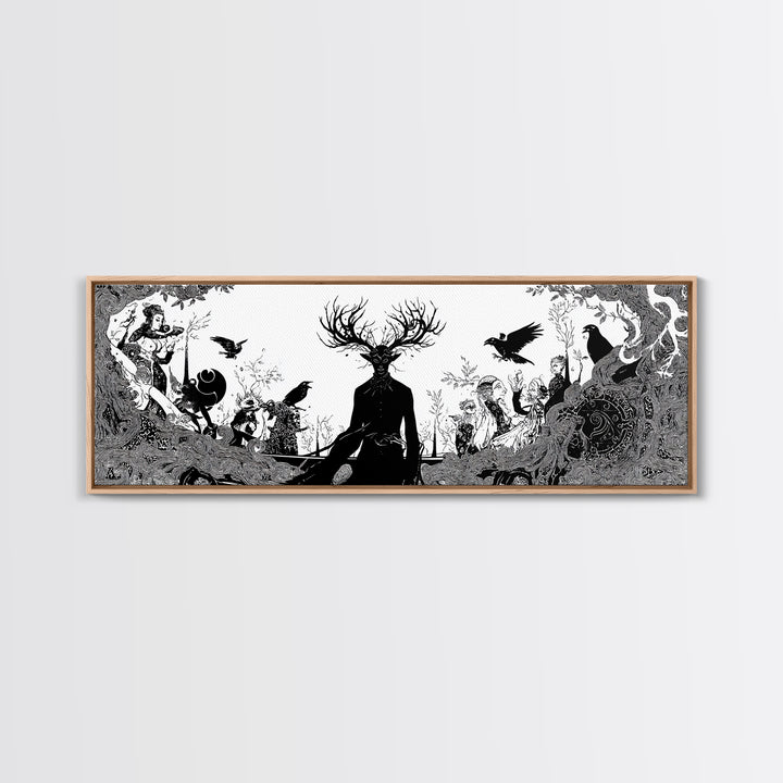 The Antlered Forest Spirit, Decadent Line Art, Extra Wide Wall Art, Dark Fantasy Wall Art, Canvas Print, Halloween Wall Art