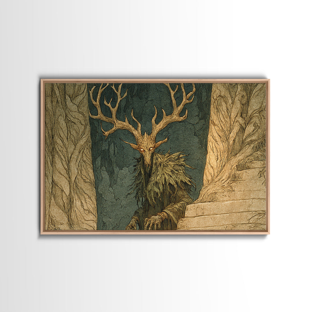 The Antlered Forest Spirit, Gothic Storybook Art, Landscape Wall Art, Dark Halloween Decor, Canvas Print, Halloween Wall Art