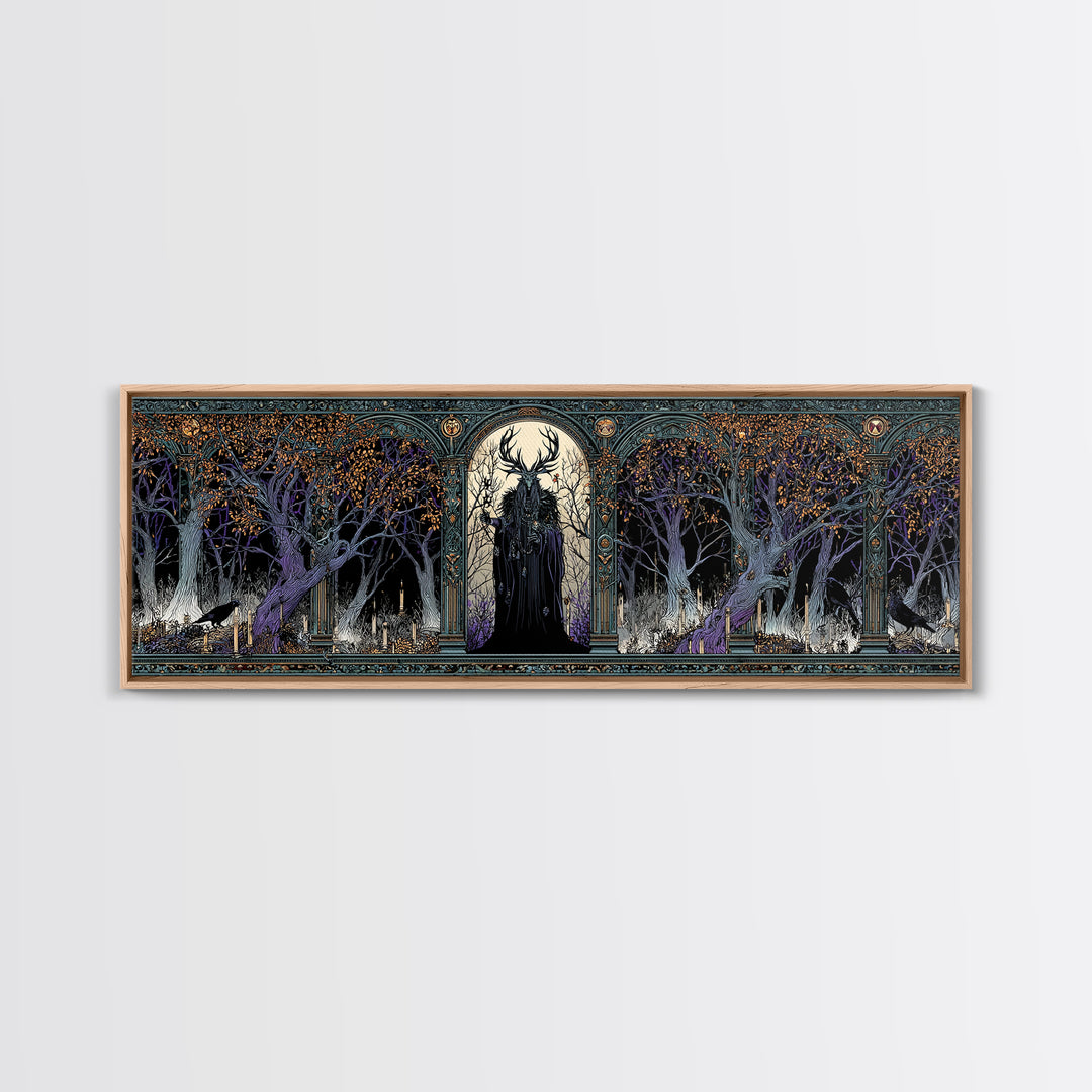 The Antlered Forest Spirit, Stained Glass Gothic Art, Extra Wide Wall Art, Dark Fantasy Wall Art, Framed Canvas Print, Halloween Wall Art