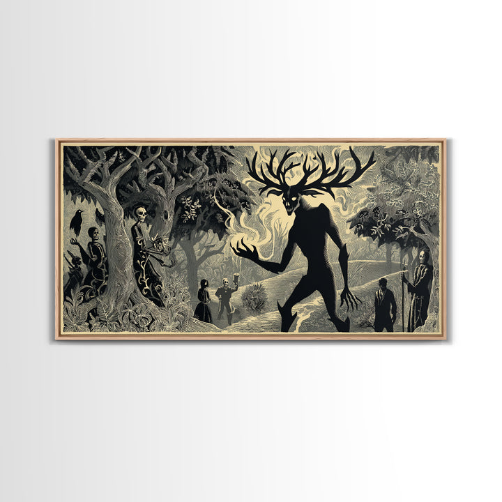 The Antlered Forest Spirit, Macabre Folk Print Art, Wide Panoramic Art, Dark Fantasy Wall Art, Canvas Print, Halloween Wall Art