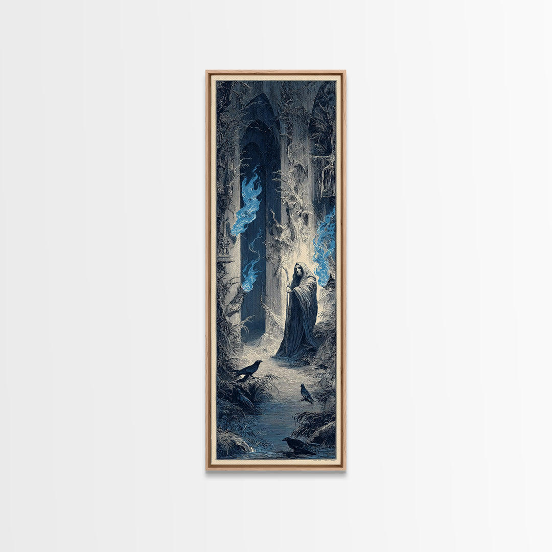 The Will-O'-The-Wisp Shepherd, Gothic Engraving Art, Tall Narrow Wall Art, Macabre Wall Art, Framed Canvas Print, Halloween Wall Art