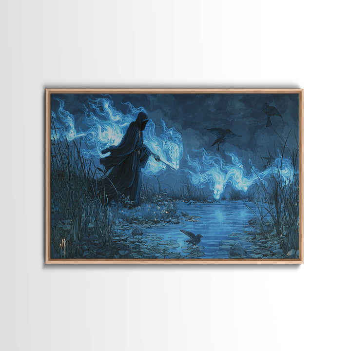 The Will-O'-The-Wisp Shepherd, Visionary Gothic Art, Wide Panoramic Art, Dark Halloween Decor, Canvas Print, Halloween Wall Art