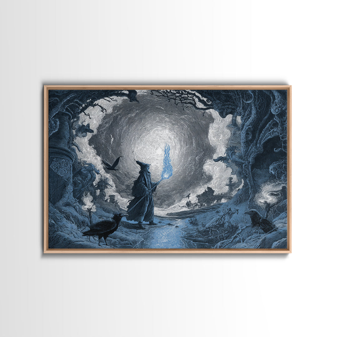 The Will-O'-The-Wisp Shepherd, Architectural Etching Art, Landscape Wall Art, Macabre Wall Art, Framed Canvas Print