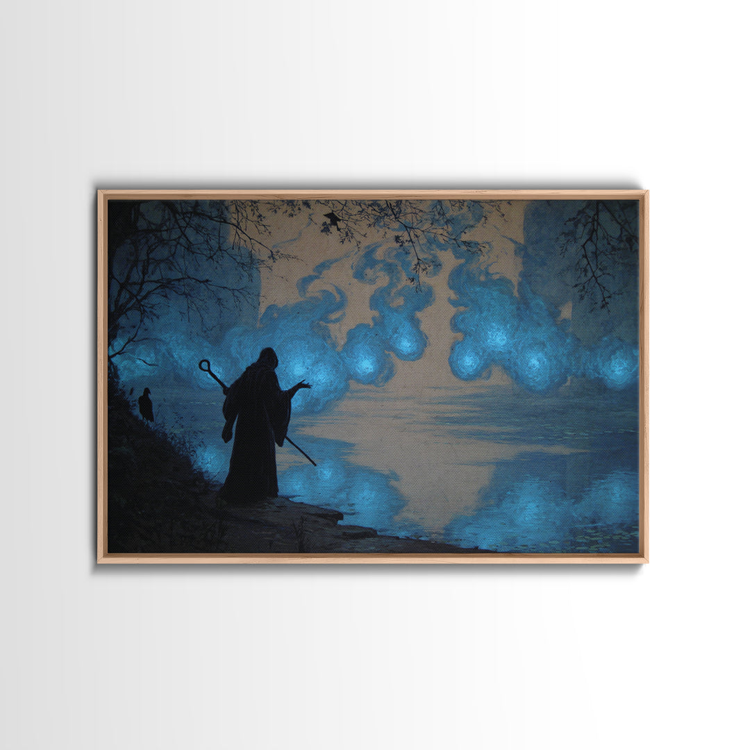 The Will-O'-The-Wisp Shepherd, Dark Symbolist Art, Landscape Wall Art, Macabre Wall Art, Framed Canvas Print, Halloween Wall Art
