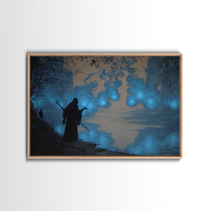 The Will-O'-The-Wisp Shepherd, Dark Symbolist Art, Landscape Wall Art, Macabre Wall Art, Framed Canvas Print, Halloween Wall Art