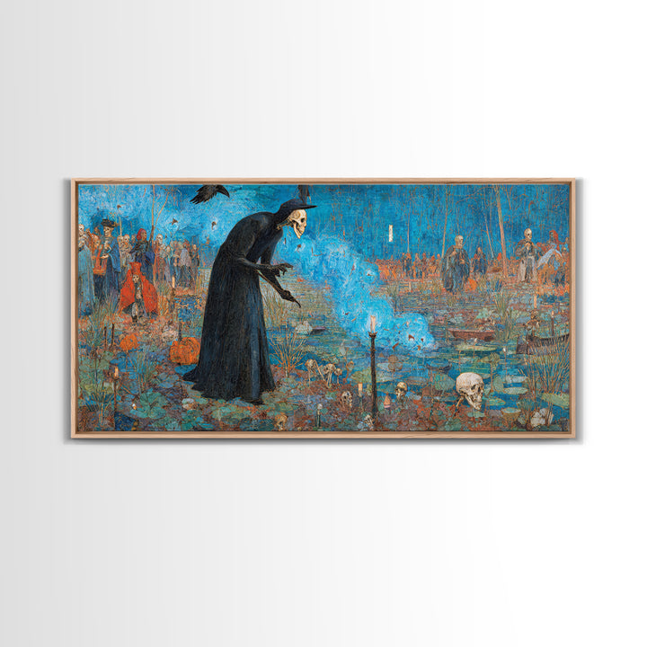 The Will-O'-The-Wisp Shepherd, Grotesque Carnival Art, Wide Panoramic Art, Dark Fantasy Wall Art, Framed Canvas Print, Halloween Wall Art