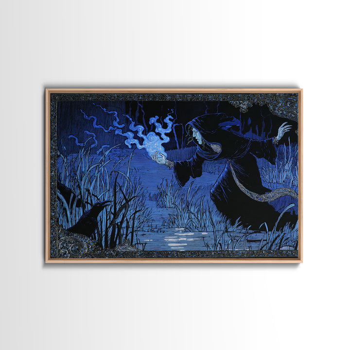 The Will-O'-The-Wisp Shepherd, Stained Glass Gothic Art, Landscape Wall Art, Gothic Horror Wall Art, Framed Canvas Print, Macabre Wall Art