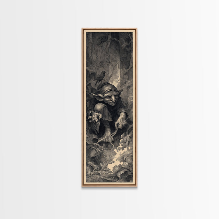 The Pumpkin Patch Goblin, Gothic Engraving Art, Tall Narrow Wall Art, Gothic Horror Wall Art, Framed Canvas Print, Halloween Wall Art
